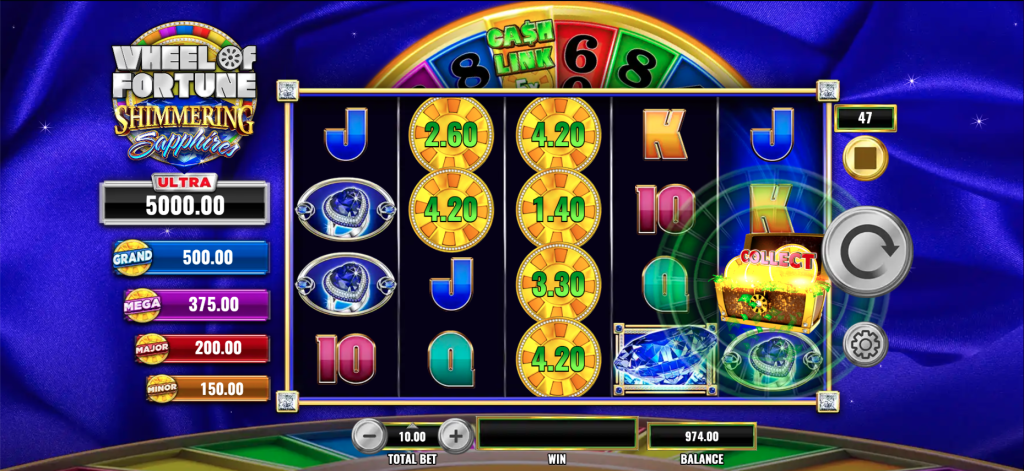 Wheel of Fortune Shimmering Sapphires slot machine Ca$hLink feature